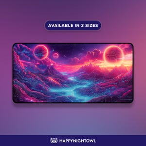 Retro Sci-Fi Planets Desk Mat - Pink Blue Neon Landscape Large Mouse Pad for Gaming Setup, Office Desk Decor, and Futuristic Workspace Gift