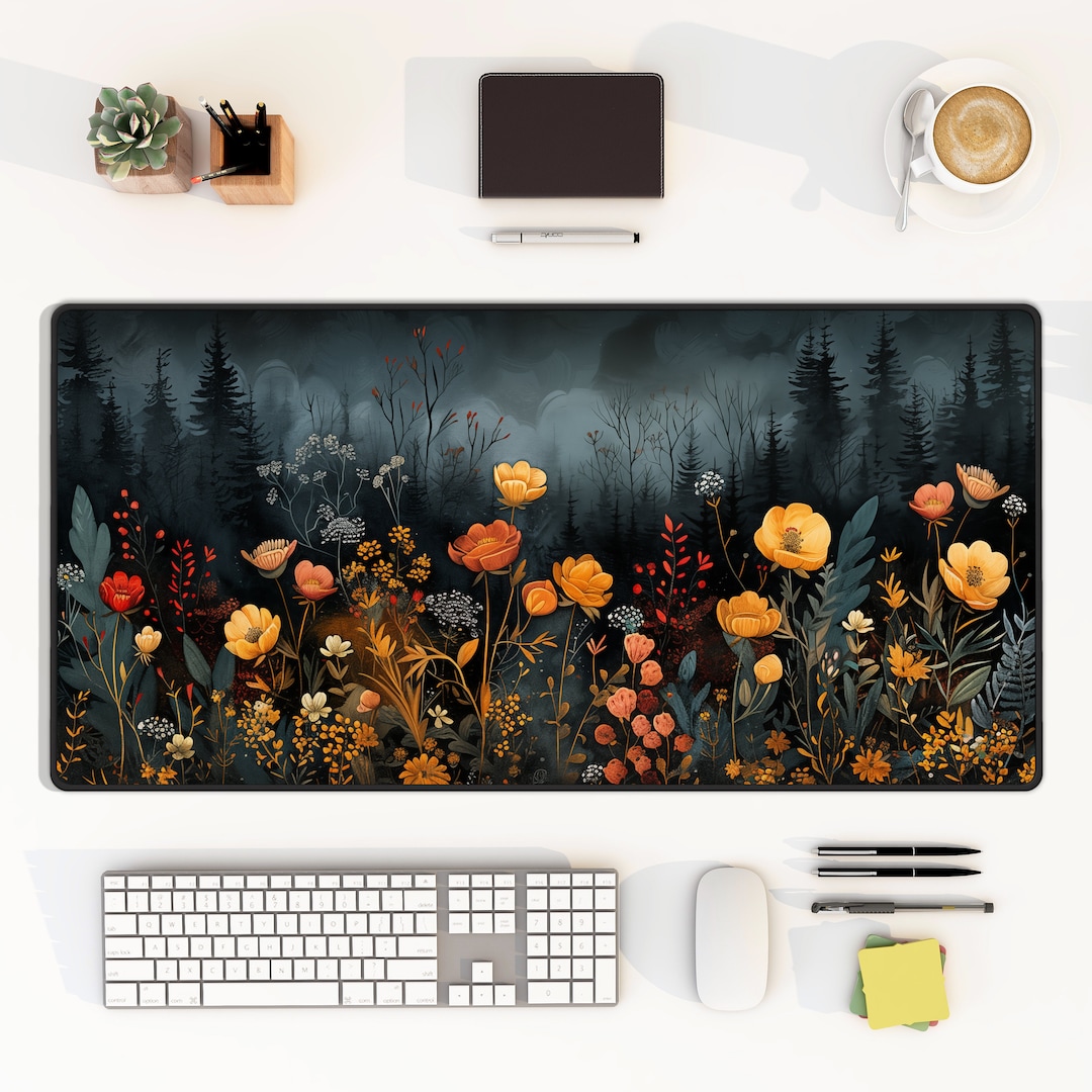 Dark Cottagecore Flower Garden Desk Mat, Botanical Aesthetic Large ...