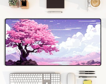 Japanese Cherry Blossom Desk Mat: Pink Purple Floral Keyboard Mat