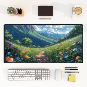 Cartoon Mountain Meadow Mountain Landscape Desk Mat, Large Keyboard Mouse Pad, Home Work Office Gamer Accessory, Unique Gaming Room Setup