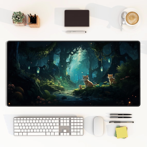 Enchanted Forest Cat Desk Mat, Large Mouse Pad, Gaming Laptop Accessory