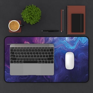 Blue and Violet Neon Marble Design Desk Mat, Large Keyboard Mat and ...