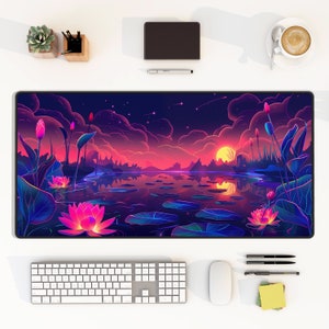 Desk Mat Psychedelic Pond Sunset Landscape Keyboard Mouse Pad Art for Home Office Workspace Decor for Gamer Room Desktop Accessory