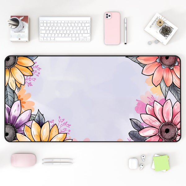 Desk Mat Cute Elegant Pastel Floral Border Botanical Keyboard Mouse Pad Art for Home Office Workspace Decor for Gamer Room Desktop Accessory