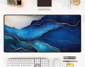 Blue Marble Desk Mat: Gold Accent Neoprene Keyboard Pad