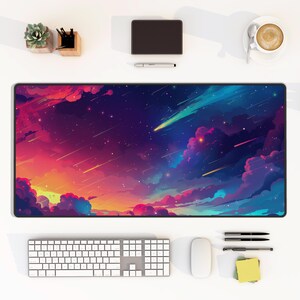 Stunning Night Sky Desk Mat Vibrant Colorful Sunset Clouds and Shooting Stars Perfect Keyboard Mouse Pad for Gamer Room or Home Office Decor