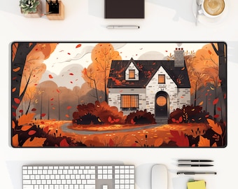 Autumn Cottage Scene Desk Mat, Cozy Neoprene Keyboard Pad