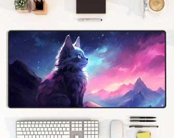 Pastel Pink and Blue Cat Desk Mat, Looking Up at Colorful Night Sky, Enchanted Night Scene, Large Mouse Pad, Unique Gamer Desk Accessories