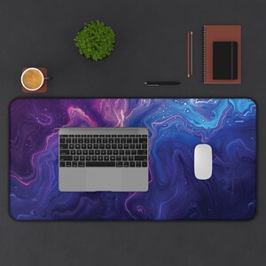 Blue and Violet Neon Marble Design Desk Mat, Large Keyboard Mat and ...