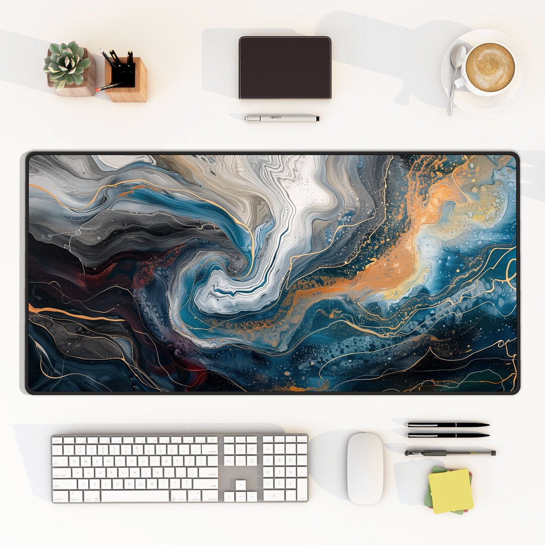 Abstract Blue and Black Marble and Liquid Pattern Desk Mat, Large ...