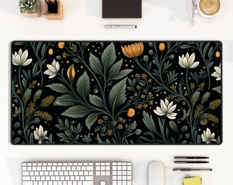 Dark Cottagecore Floral Desk Mat: Green Nature-Inspired Keyboard Pad