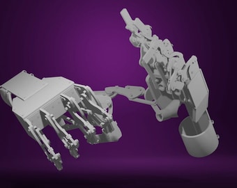 May include: Two robotic arms with multiple joints and a gray finish. The arms are in a reaching position, as if they are about to touch.