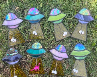 UFO Cow/Dino/Cat Abduction Stained Glass Suncatcher