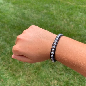 Gray Pearl Bead Bracelet with Sliver Metal Button | Leather Wrap Bracelet