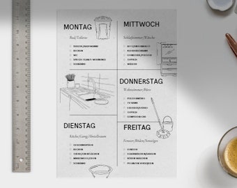 May include: A black and white illustration of a weekly cleaning schedule. The schedule includes a list of rooms and tasks to be completed each day of the week. The illustration includes icons for a trash can, a washing machine, a mop, and a bucket.