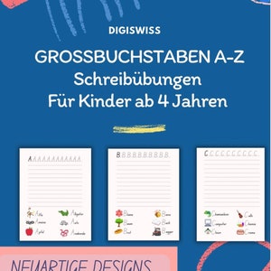 Ejercicios de escritura con LETRAS MAYÚSCULAS A-Z. Para niños a partir de 4 años. Novela diseña imágenes con colores 26 páginas de aprendizaje divertido.