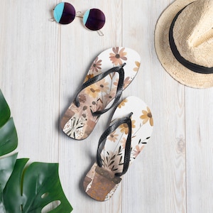 Brown peach floral sandals, thong flip flops, summer sandals, printed sandals, botanical footwear, girls trip, mother daughter