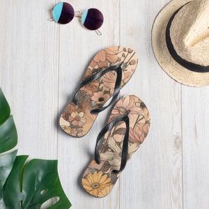 Earthy floral sandals, thong flip flops, summer sandals, printed sandals, botanical footwear, summer sandal, beach flipflops, pool sandals