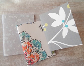 GREY Mini books, floral notebook, travel journals, small diary, gift for a artist, set of 3 books, measures 4.5 x 5.5 inches, blank books