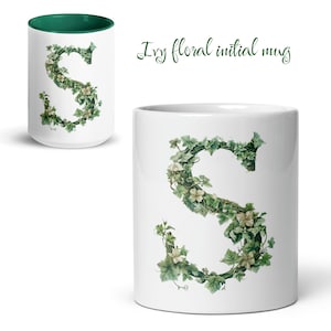 Floral initial mug, green cup, personalized cup, gift for plant lover, IVY series