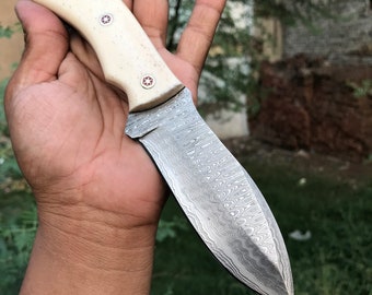 Damascus Hunting Knife, Damascus Fixed Blade Knife, Damascus Skinner knife, Hand made knife, Gift for him, Camping knife, leather sheath,HBD