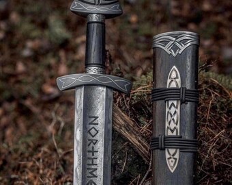 Espada vikinga de acero de Damasco forjada a mano afilada, espada medieval lista para la batalla, espada vikinga de los hombres del norte con vaina / regalo para él, personalizada