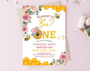 First Bee-Day party invitation template, bee birthday invitation, white flower bee birthday invitation, bee birthday party invites