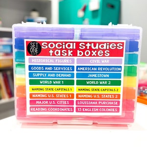 May include: A clear plastic storage box with colorful compartments labeled with social studies topics for grades 3-5. The labels include "Historical Figures", "Civil War", "Goods and Services", "American Revolution", "Supply and Demand", "Jamestown", "World War 1", "World War 2", "Naming State Capitals 1", "Naming State Capitals 2", "Naming U.S. States 1", "Naming U.S. States 2", "Major U.S. Cities", "Louisiana Purchase", "Reading Coordinates", and "13 English Colonies".
