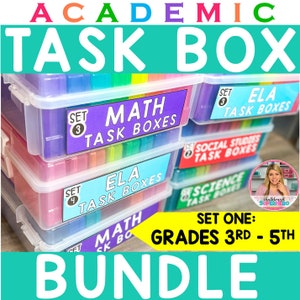 May include: A stack of clear plastic storage boxes with colorful labels that say "Math Task Boxes", "ELA Task Boxes", "Social Studies Task Boxes", and "Science Task Boxes". The labels are in different colors and have a set number on them. The boxes are stacked on top of each other and are labeled with the text "Set One: Grades 3rd - 5th Bundle".