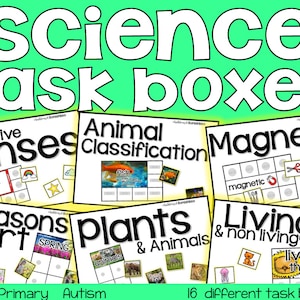 May include: A set of 16 science task boxes for children. The boxes are labeled with titles such as "The Five Senses", "Animal Classification", "Magnets", "Seasons Sort", "Plants & Animals", and "Living & Non Living". Each box has a grid with images and words related to the topic.