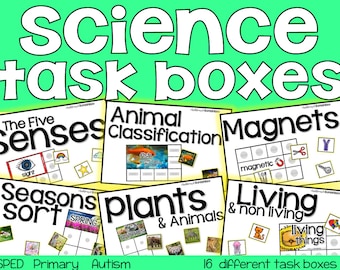May include: A set of 16 science task boxes for children. The boxes are labeled with titles such as "The Five Senses", "Animal Classification", "Magnets", "Seasons Sort", "Plants & Animals", and "Living & Non Living". Each box has a grid with images and words related to the topic.