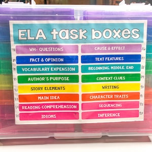 May include: A clear plastic storage box with colorful drawers labeled with ELA task boxes and various reading and writing skills, such as WH-Questions, Fact & Opinion, Vocabulary Expansion, Author's Purpose, Story Elements, Main Idea, Reading Comprehension, Idioms, Cause & Effect, Text Features, Beginning, Middle, End, Context Clues, Writing, Character Traits, Sequencing, and Inference.