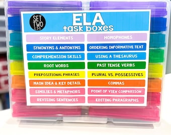 May include: A clear plastic box with colorful compartments labeled with ELA task boxes for grades 3-5. The labels include topics like story elements, synonyms and antonyms, comprehension skills, root words, prepositional phrases, main idea and key detail, similes and metaphors, revising sentences, homophones, ordering informative text, using a thesaurus, past tense verbs, plural vs. possessives, commas, point of view comparison, and editing paragraphs.