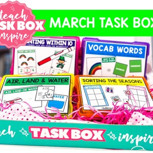 May include: A set of four colorful task boxes for kids, labeled "Counting Within 10", "Vocab Words", "Air, Land & Water", and "Sorting the Seasons". The boxes are filled with pink crinkle paper and are sitting in a teal box with the words "teach TASK BOX inspire" on the front.