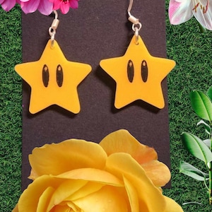 Super Star Earrings | Retro Gamer Jewelry | 3D Printed Star Dangles | Gold Silver Bronze Hooks | Geek Gift | Pixel Gaming Earrings