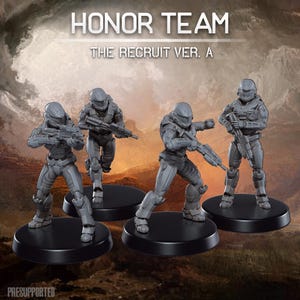 May include: Four gray action figures of armored soldiers, each holding a rifle, stand on black circular bases. The figures are in various action poses. The text "HONOR TEAM" and "THE RECRUIT VER. A" are at the top.
