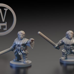 May include: Two gray plastic miniature figures of a person wearing a robe and holding a lightsaber. The figures are standing on round bases.