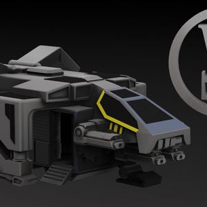 May include: A gray futuristic spacecraft model with a detailed design, featuring a cockpit, wings, and a ramp. The model has yellow accents and is set against a dark background. A silver emblem with the letters "W" and "E" is in the background.