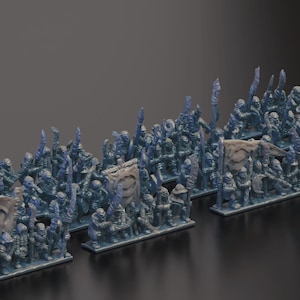 May include: A collection of miniature plastic figures, painted in shades of blue and gray, depicting a fantasy army. The figures are arranged in rows, holding swords and shields, and some are carrying banners.