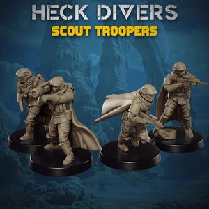 May include: Four miniature figures of Scout Troopers in tan armor, each mounted on a black base. The figures are in various action poses, holding weapons. The text "HECK DIVERS" and "SCOUT TROOPERS" is displayed above the figures.