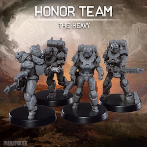 May include: Four gray miniature figures of armored soldiers, each standing on a black circular base. The figures are armed with rifles and have backpacks. The text "HONOR TEAM" and "THE HEAVY" are at the top of the image. The word "PRESUPPORTED" is at the bottom.