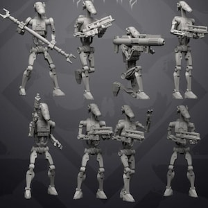 May include: A set of eight unpainted gray plastic miniature robot figures in various poses. Each figure features a slender mechanical frame with a distinct head shape, and they are equipped with different blasters, rifles, and a long staff weapon.
