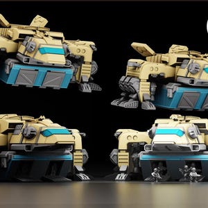 May include: Four beige and blue toy vehicles with a futuristic design. The vehicles have a rounded shape with a large, flat front and a smaller, rounded back. They have a blue stripe running along the side and a blue window in the front. The vehicles are all facing forward and are arranged in a row.