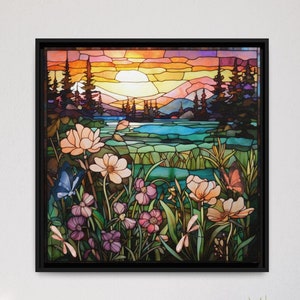 Square & Rectangular Framed Wall Art | Stained Glass Design Home Décor | Wildflower Meadow Sunset Landscape Wall Hanging Butterfly Dragonfly