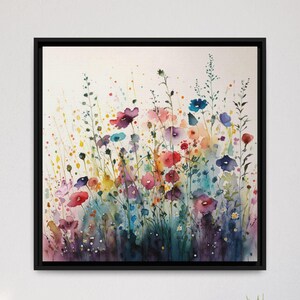 May include: A watercolor painting of a field of colorful wildflowers in shades of pink, purple, blue, yellow, and red. The flowers are arranged in a loose, organic pattern, and the background is a soft, muted blue.
