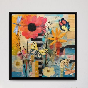 May include: A colorful collage of flowers, butterflies, and a dragonfly. The artwork is framed in black and features a red flower, yellow butterflies, and a blue dragonfly.