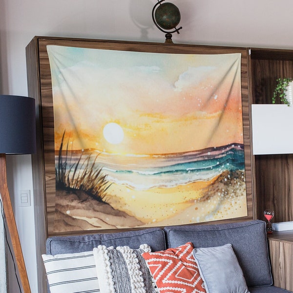 Ocean Beach Sunset Tapestry | Watercolor Landscape Fabric Wall Hanging | Beachy Waves Vibe Home Wall Décor | Colorful Sunrise Tapestries