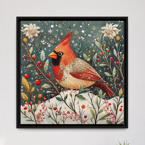 May include: A red cardinal bird perched on a snowy branch with red berries and white flowers. The background is a dark blue with white snowflakes.