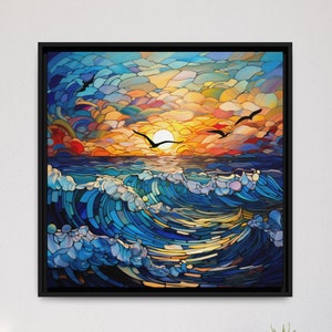 May include: A framed abstract painting of a sunset over the ocean with waves crashing in the foreground. The painting is done in a mosaic style with colorful glass pieces.