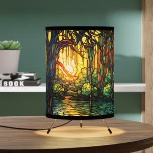 Weeping Willow Bayou Tabletop Lamp | Stained Glass Effect | Colorful Sunset Landscape | Unique Home Accents Lighting | Green Orange Yellow